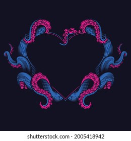 Tentacles heart shape label frame design. Hand drawn vector illustration of tentacles in shape of heart in engraving technique isolated on black.  