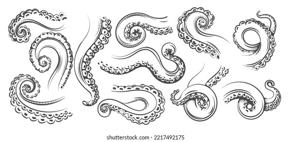 Tentacles monochrome. Sea dangerous octopus tentacle set, legend kraken legs sketch, marine invertebrate cephalopods hands