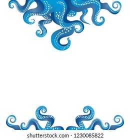 Tentacles of an octopus blue and white  frame, ocean motive flat cute cartoon illustration for web and print, cute decoration. 