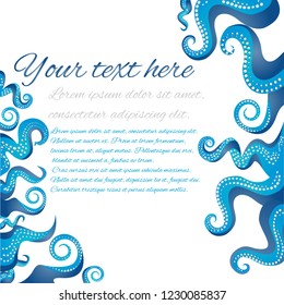 Tentacles of an octopus blue and white  frame, ocean motive flat cute cartoon illustration for web and print, cute decoration. 