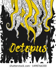 Tentacles an Octopus colorful vector illustration in cartoons style on white background with black grunge texture. Art of Krakens or squids palpus for banners, wallpaper, marketing presentation