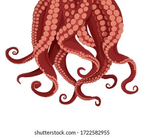 Tentacles octopus and cuttlefish. Purple tentacles kraken red suckers approach their prey deep vector underwater cartoon monster causing fear, inevitability.