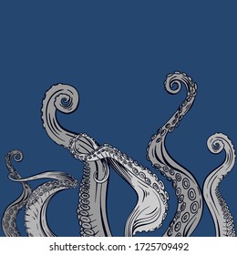  tentacles octopus drawing on blue background. Hand drawn vector.