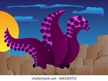 Tentacles of octopus in the ground on an alien planet. Cartoon style illustration.