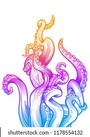 Tentacles of an octopus. Hand drawn vector illustration in engraving technique with blurple gradient color isolated on white background. 