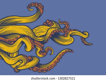 Tentacles of an octopus. Hand drawn vector illustration in engraving technique.