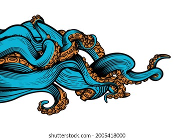 Tentacles of an octopus. Hand drawn vector illustration in engraving technique isolated on white background.  
