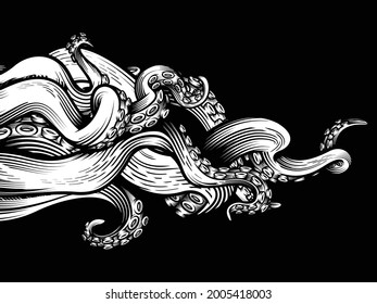 Tentacles of an octopus. Hand drawn vector illustration in engraving technique isolated on black background.  