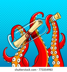 Tentacles of octopus hold bottle with message pop art retro vector illustration. Comic book style imitation.