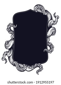 Tentacles of an octopus label frame design. Hand drawn vector illustration in engraving technique isolated on white.  