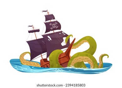 Tentacles of octopus sink pirate ship in ocean or sea waves vector illustration. Cartoon isolated fantasy shipwreck scene with kraken or perilous giant squid and corsair boat with black flag and sail