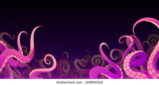 Tentacles of octopus, squid or kraken deep under water in sea. Vector cartoon illustration of ocean bottom with scary monster arms, purple and pink giant octopus tentacles with suckers