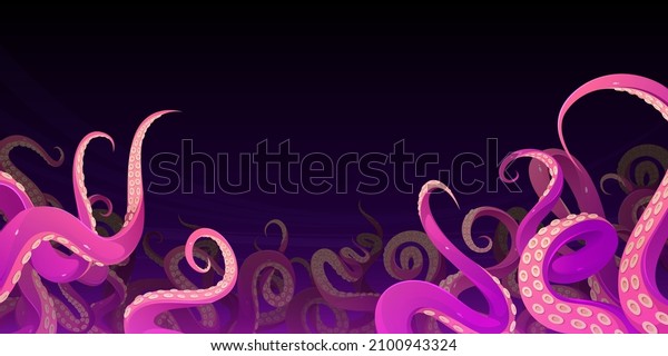 Tentacles of\
octopus, squid or kraken deep under water in sea. Vector cartoon\
illustration of ocean bottom with scary monster arms, purple and\
pink giant octopus tentacles with\
suckers