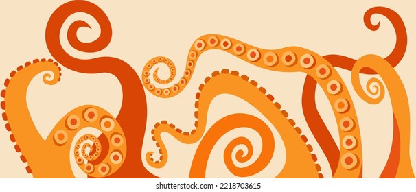 Tentáculos de pulpo. Ilustración decorativa vectorial. Colores cálidos y luminosos. En el fondo beige claro.