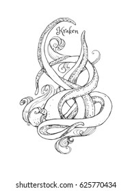 Tentacles of the octopus in the waves. Kraken. Hand drawn illustration. Good idea for tattoo. Marine creature. 