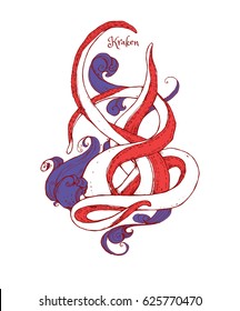 Tentacles of the octopus in the waves. Kraken. Hand drawn illustration. Good idea for tattoo. Marine creature. 