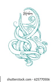 Tentacles Of The Octopus In The Waves. Kraken. Hand Drawn Illustration. Good Idea For Tattoo. Marine Creature. 