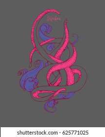 Tentacles of the octopus in the waves. Kraken. Hand drawn illustration. Good idea for tattoo. Marine creature. 