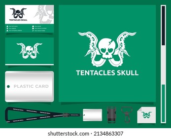 Tentacles Skull monogram logo with corporate identity template set design. blank template editable vector. company business stationery branding mockup. Set of lanyard and ID card.