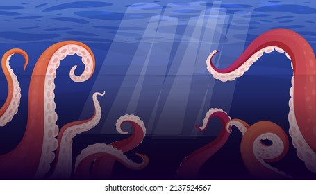 Tentacles squid or kraken deep underwater in blue sea vector flat illustration. Evil dive fantasy creepy monster swimming dept giant creature undersea ocean sunlight. Big aquatic octopus on bottom