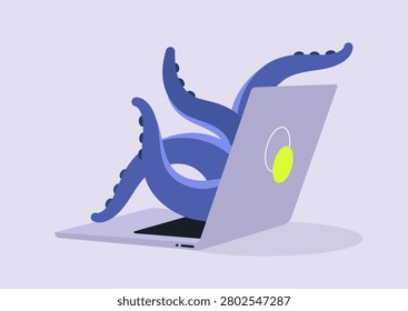 Tentacles in vibrant blue extend from a sleek laptop, merging the worlds of technology and imagination, A playful scene evokes feelings of curiosity and wonder in this unique artwork.