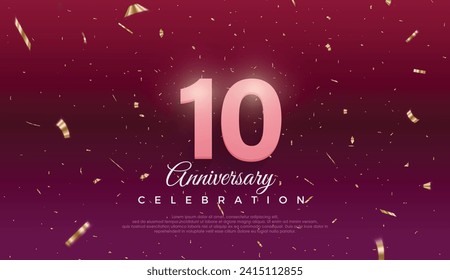 Tenth 10th Anniversary celebration, 10 Anniversary celebration,Dark purple background, festive illustration, Realistic 3d sign, stars,  Pink number with red ribbon 10 sparkling confetti, 10,11