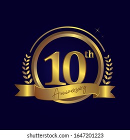 Tenth 10th Happy Anniversary Gold Shiny Vector Design Dark Blue Background