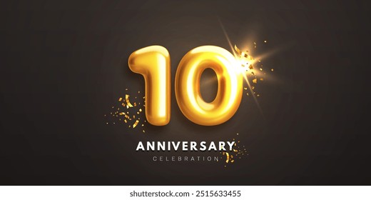 Tenth anniversary celebration banner. Realistic glossy 3d golden number 10 and sparkling confetti on black background. Greeting card for birthday or wedding anniversary. Vector illustration