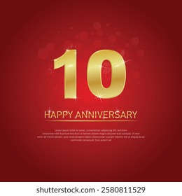 Tenth anniversary celebration on red background. golden number 10. happy anniversary. birthday or wedding party event decoration