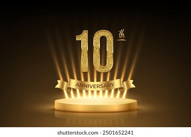 Tenth anniversary gold award podium. 10 year celebration birthday or jubilee golden vector background. Luxury stage with glowing rays, glittering number 10 and ribbon with text anniversary on black.