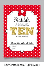 Tenth birthday invitation for girl, ten years old party. Printable vector template with red background and white polka dots.