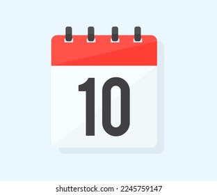 El décimo día del mes con fecha 10, día diez diseño del logo. Icono de calendario día plano 10. Símbolo de recordatorio. Fecha de programación del evento. Planificar la planificación. Diseño vectorial de hora de cita de reunión.