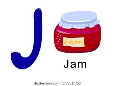 Tenth letter of English alphabet, J, for jam. Vector illustration, navy blue letter and jar of jam, magenta color. Digitally drawn on tablet. Large font for presentation, sticker, online, flashcard