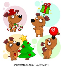Tenth part of a collection of icons with dogs for design. A dog in a hat and candy, the dog thinks about the gift, the dog decorates the tree, the dog juggles with the New Year's toy.