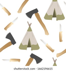 Tents, axes and knifes seamless pattern on transparent background. Repetitive vector illustration. EPS 10.