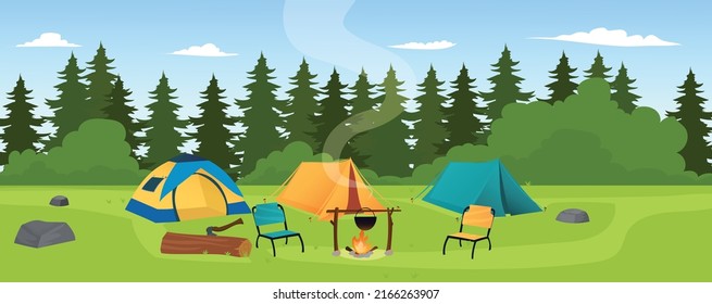 Tents Bonfire On Forest Background Concept Stock Vector (Royalty Free ...