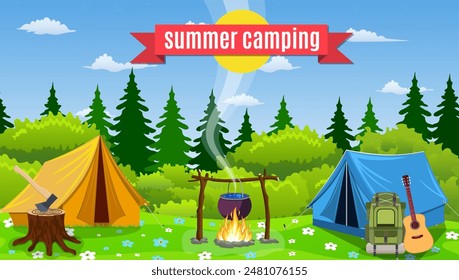 Tents with bonfire on forest background. Concept camping with wild nature outdoors. Summer travel.