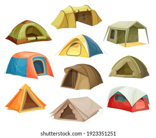 Tents camp icons, house campsite dome, travel tourism, vector isometric 3d flat isolated. Tourist outdoor camping tents or canvas shelter and military canopy, caravan cabin and backpacking marquees