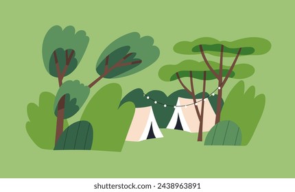 Tents at camp site among trees, nature. Summer holiday landscape. Vacation campground, cozy outdoor campsite place in forest, green woods, plants with light garland. Flat vector illustration