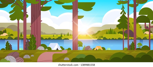 tents camping area in forest summer camp concept sunny day sunrise landscape nature background with water mountains and hills flat horizontal