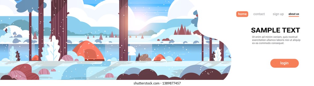 tents camping area in forest winter camp concept sunny day sunrise snowy landscape nature background with water mountains and hills flat horizontal copy space