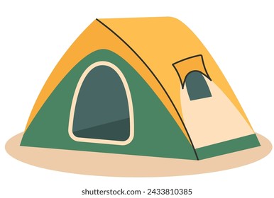 Tents for camping, hiking, hand-painted. The tent is yellow, green, with a window. Illustration on a transparent background. Canvas for hiking, hunting, fishing, ecotourism, eps 10