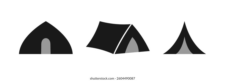 Tents for camping in the nature and for outdoor celebrations. Set of various designs of tents for camping and pavilion tents. Eps 10.