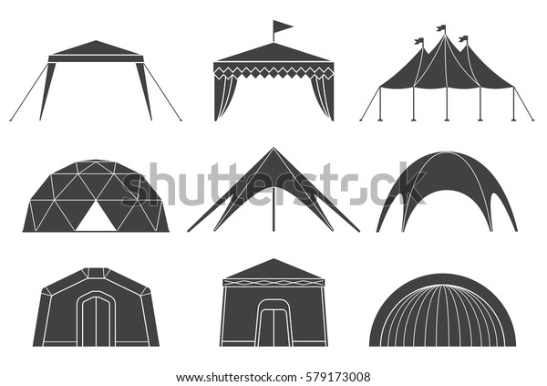 Tents for camping in the nature and for outdoor\
celebrations. Set of various designs of tents for camping and\
pavilion tents. 