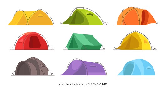 Tents for camping set. Different colors and designs. Tourism adventure. Travel camp. Flat vector illustration.