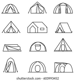 Tents of different shapes. isolated vector illustration. Lines with editable stroke.