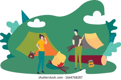 Tents with a fire on a forest background. The concept of camping with wild nature in the open air. Summer travel. A guy and a girl. Vector illustration in flat style .