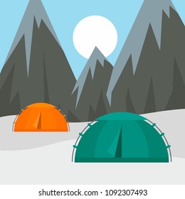 Tents in mountains background. Flat illustration of tents in mountains vector background for web design