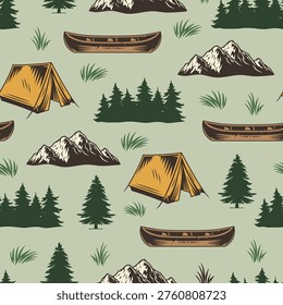 Tents set up in a forest area. There are mountains in the background and canoes are placed among trees. Grass covers the ground adding to the outdoor setting.