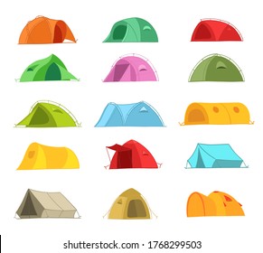 Tents for a summer vacation in nature. Icon set. Different colors and designs. Tourism adventure. Travel camping. Flat vector illustration.